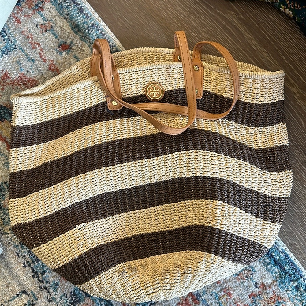 Tory Burch Brown and Cream Tote Bag with Leather Trim